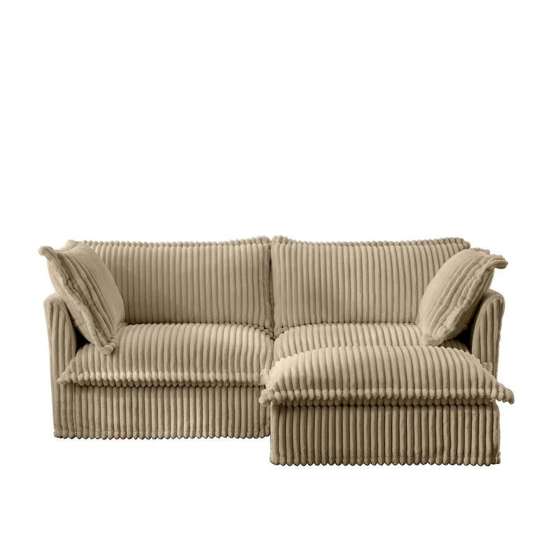 Sofa sekcyjna dwuosobowa z sztruksu z regulowanym pufem i poduszkami