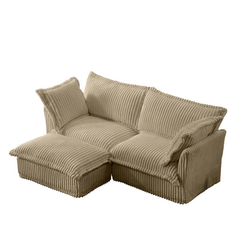 Sofa sekcyjna dwuosobowa z sztruksu z regulowanym pufem i poduszkami