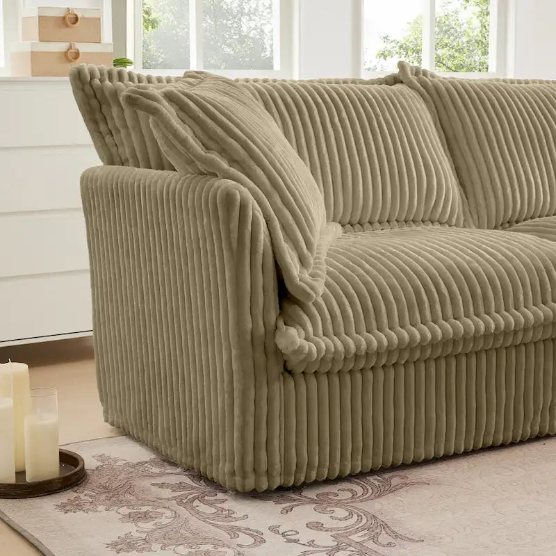 Sofa sekcyjna dwuosobowa z sztruksu z regulowanym pufem i poduszkami