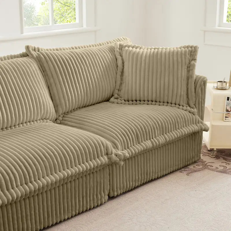 Sofa sekcyjna dwuosobowa z sztruksu z regulowanym pufem i poduszkami