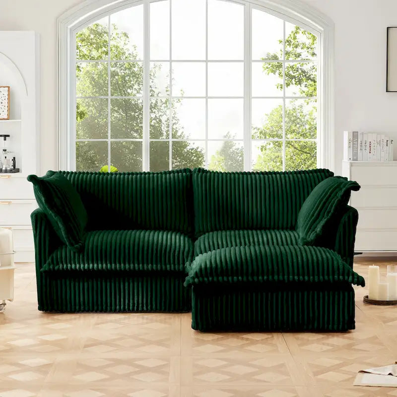 Sofa sekcyjna dwuosobowa z sztruksu z regulowanym pufem i poduszkami
