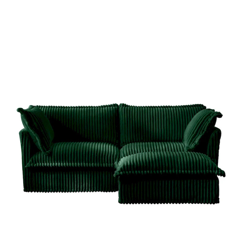 Sofa sekcyjna dwuosobowa z sztruksu z regulowanym pufem i poduszkami