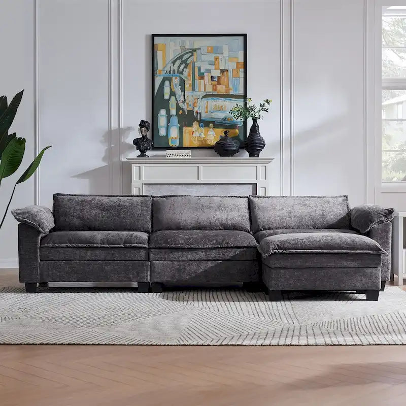Modułowa sofa narożna w kształcie litery L z szenili 120 z otomaną i funkcją spania