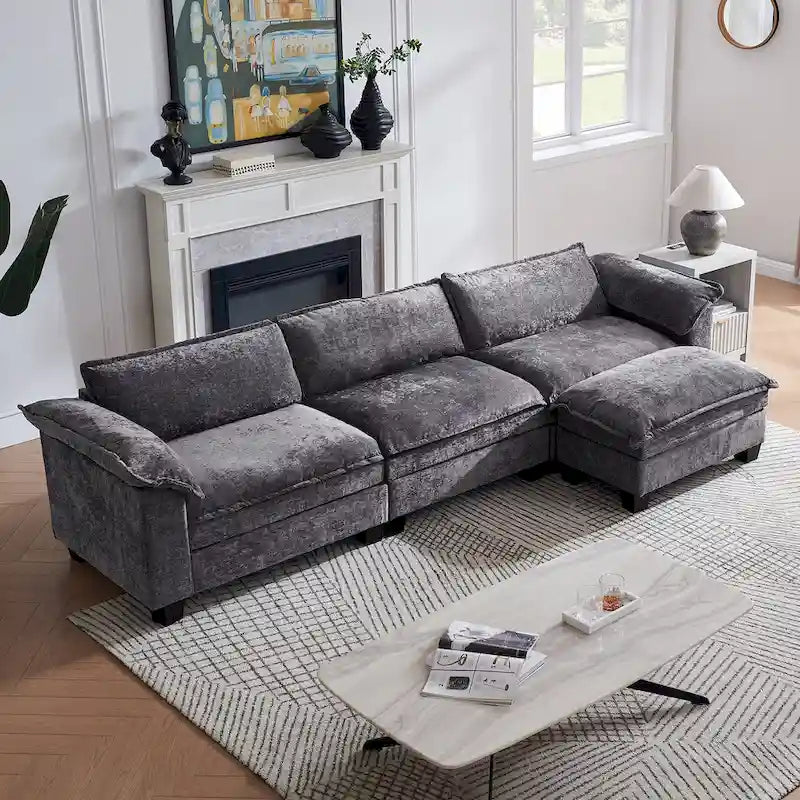 Modułowa sofa narożna w kształcie litery L z szenili 120 z otomaną i funkcją spania