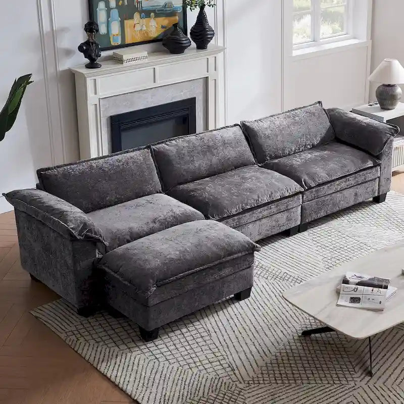 Modułowa sofa narożna w kształcie litery L z szenili 120 z otomaną i funkcją spania