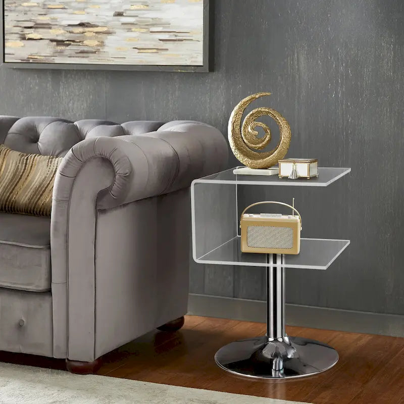 Table d'appoint en acrylique transparent moderne en forme de C - 60 cm H x 40 cm L x 40 cm P