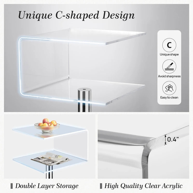 Table d'appoint en acrylique transparent moderne en forme de C - 60 cm H x 40 cm L x 40 cm P