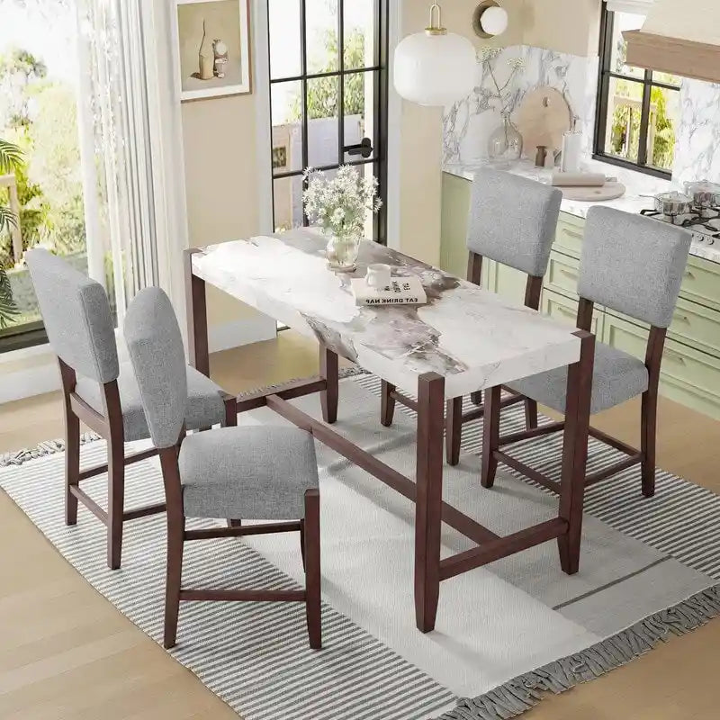 Ensemble de salle à manger moderne 5 pièces hauteur comptoir, table de bar en faux marbre et 4 chaises assise rembourrée