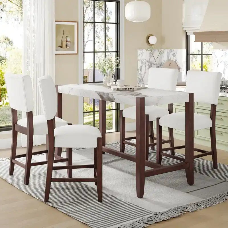 Ensemble de salle à manger moderne 5 pièces hauteur comptoir, table de bar en faux marbre et 4 chaises assise rembourrée