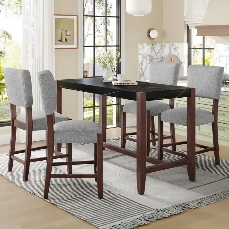 Ensemble de salle à manger moderne 5 pièces hauteur comptoir, table de bar en faux marbre et 4 chaises assise rembourrée