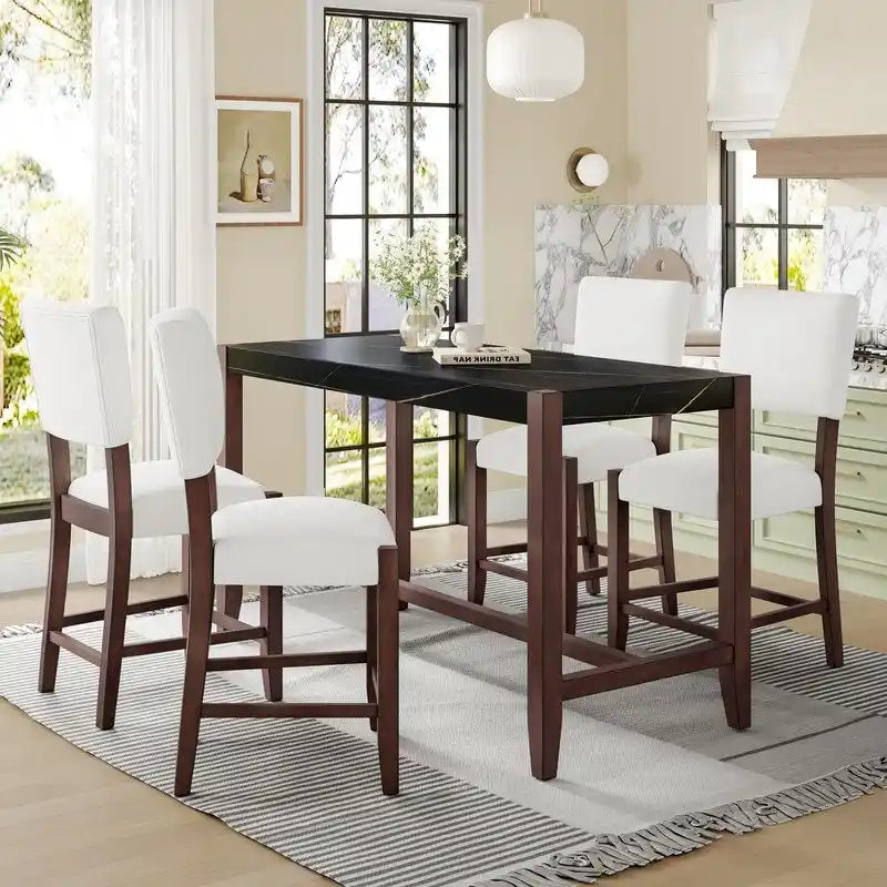 Ensemble de salle à manger moderne 5 pièces hauteur comptoir, table de bar en faux marbre et 4 chaises assise rembourrée