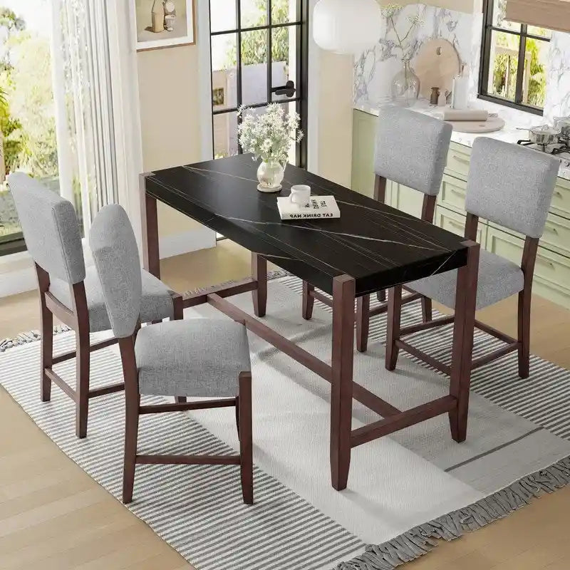 Ensemble de salle à manger moderne 5 pièces hauteur comptoir, table de bar en faux marbre et 4 chaises assise rembourrée