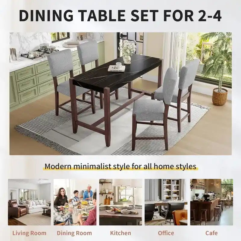 Ensemble de salle à manger moderne 5 pièces hauteur comptoir, table de bar en faux marbre et 4 chaises assise rembourrée