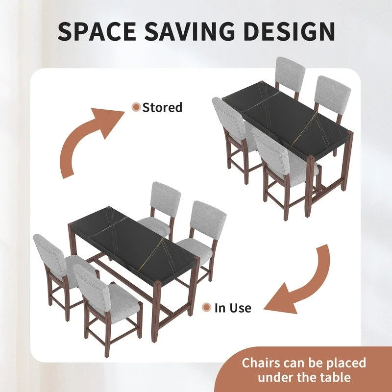 Ensemble de salle à manger moderne 5 pièces hauteur comptoir, table de bar en faux marbre et 4 chaises assise rembourrée