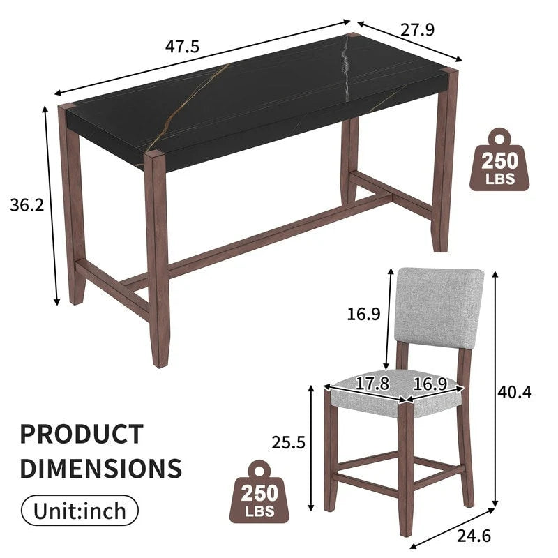 Ensemble de salle à manger moderne 5 pièces hauteur comptoir, table de bar en faux marbre et 4 chaises assise rembourrée