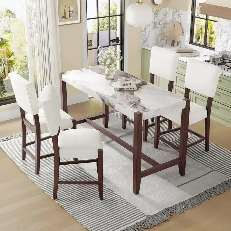 Ensemble de salle à manger moderne 5 pièces hauteur comptoir, table de bar en faux marbre et 4 chaises assise rembourrée