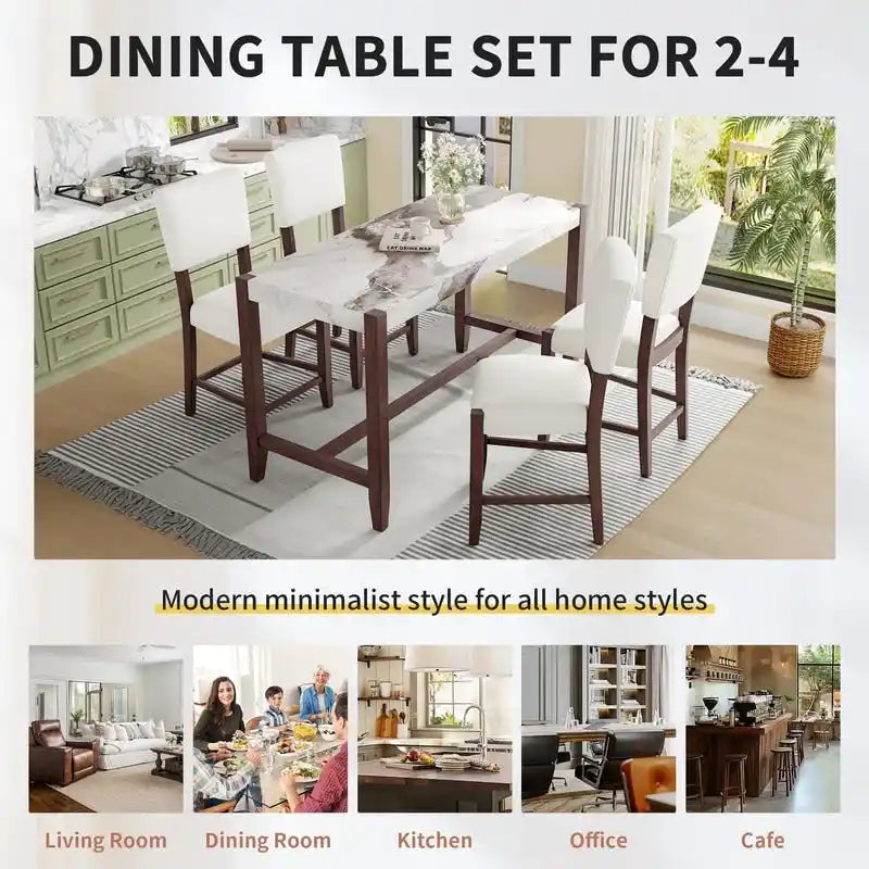 Ensemble de salle à manger moderne 5 pièces hauteur comptoir, table de bar en faux marbre et 4 chaises assise rembourrée