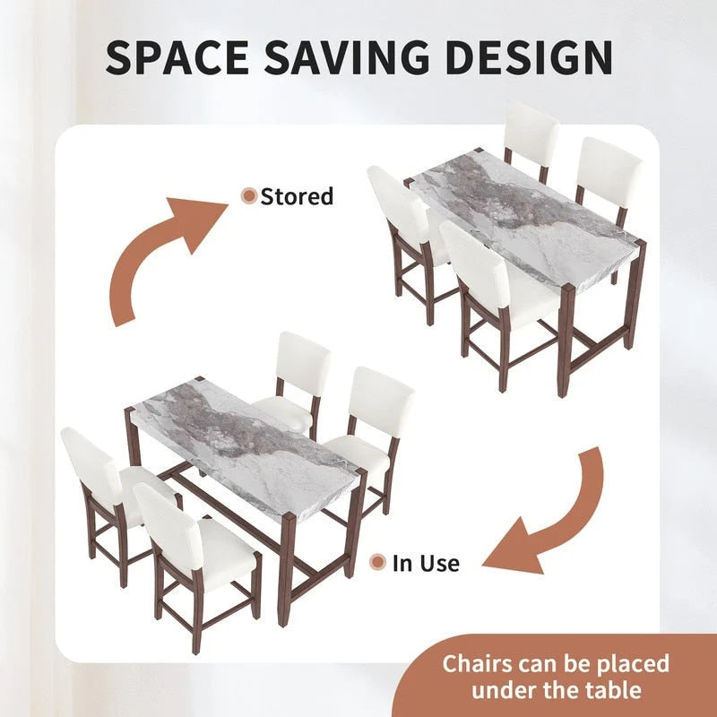 Ensemble de salle à manger moderne 5 pièces hauteur comptoir, table de bar en faux marbre et 4 chaises assise rembourrée