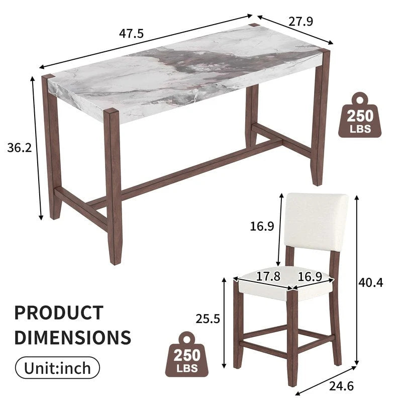 Ensemble de salle à manger moderne 5 pièces hauteur comptoir, table de bar en faux marbre et 4 chaises assise rembourrée
