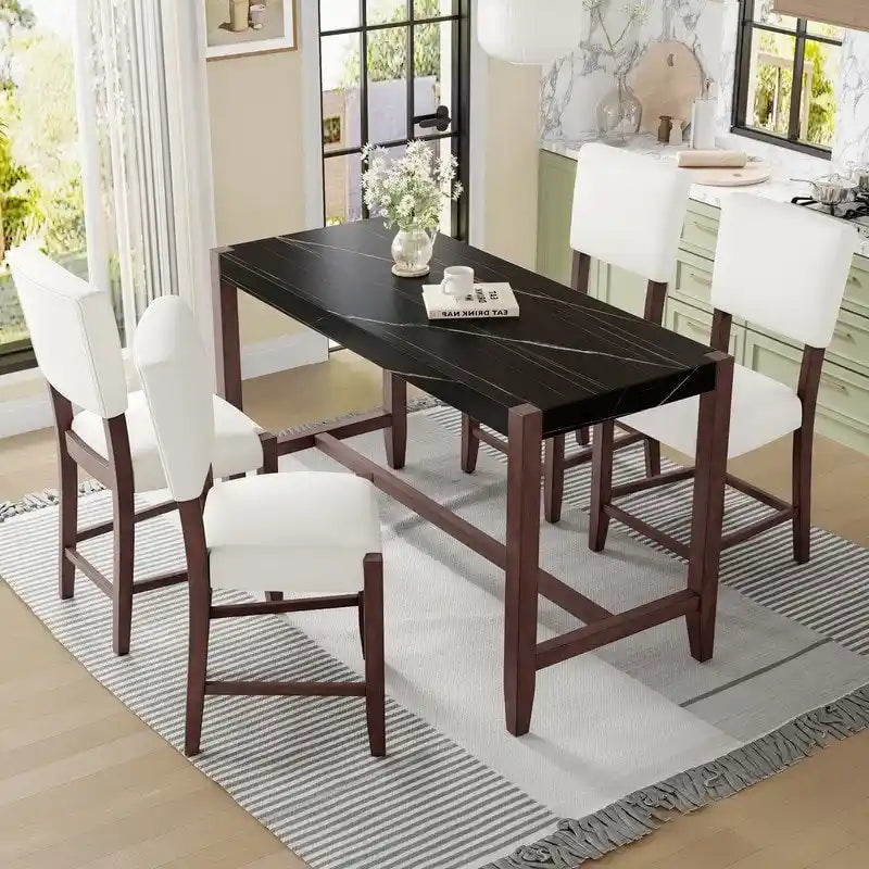 Ensemble de salle à manger moderne 5 pièces hauteur comptoir, table de bar en faux marbre et 4 chaises assise rembourrée