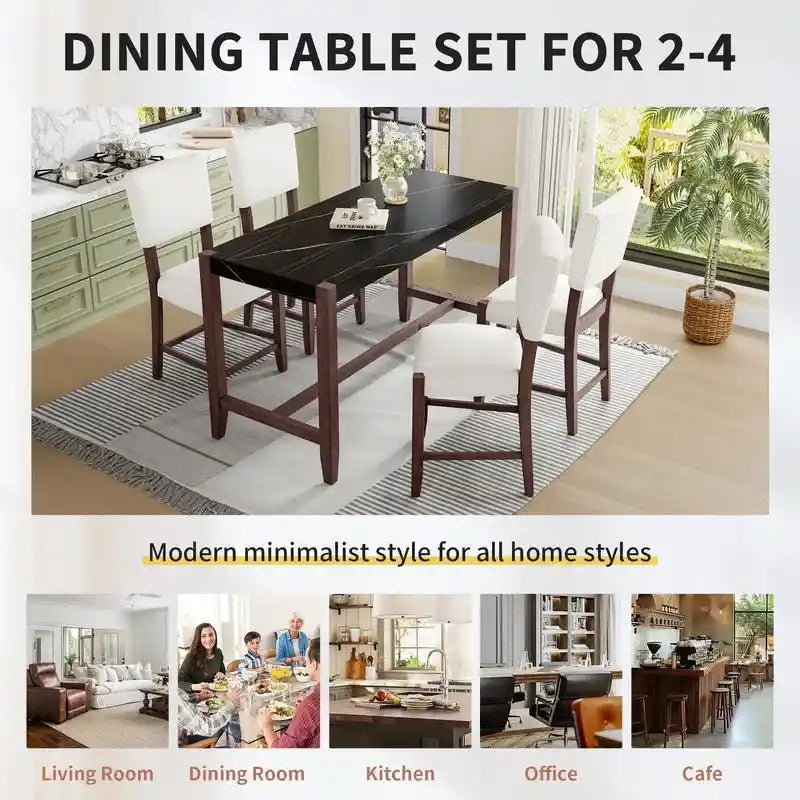 Ensemble de salle à manger moderne 5 pièces hauteur comptoir, table de bar en faux marbre et 4 chaises assise rembourrée