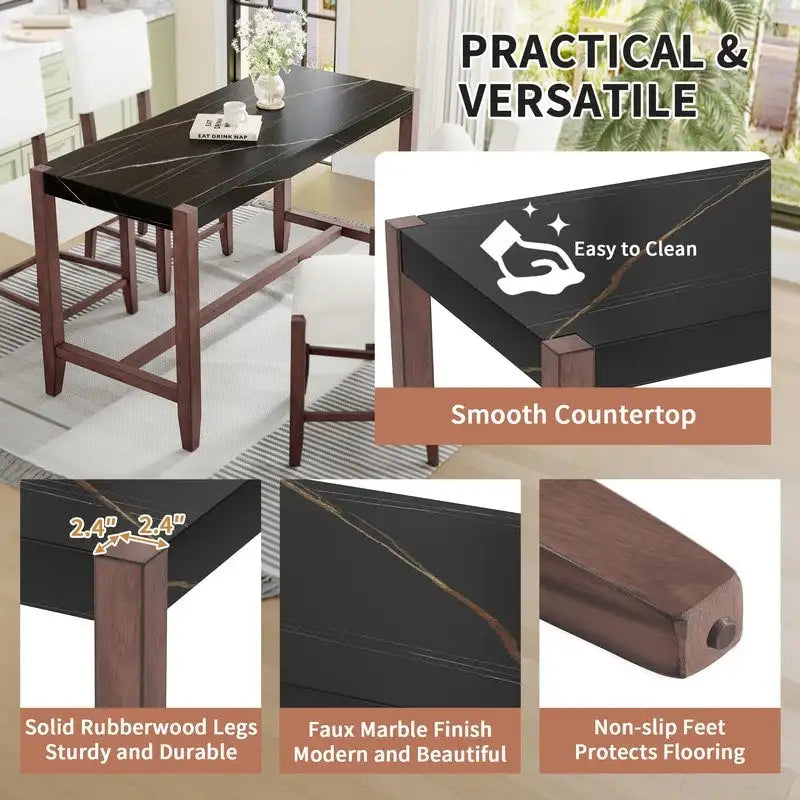 Ensemble de salle à manger moderne 5 pièces hauteur comptoir, table de bar en faux marbre et 4 chaises assise rembourrée