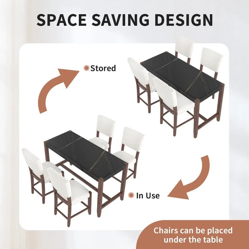 Ensemble de salle à manger moderne 5 pièces hauteur comptoir, table de bar en faux marbre et 4 chaises assise rembourrée
