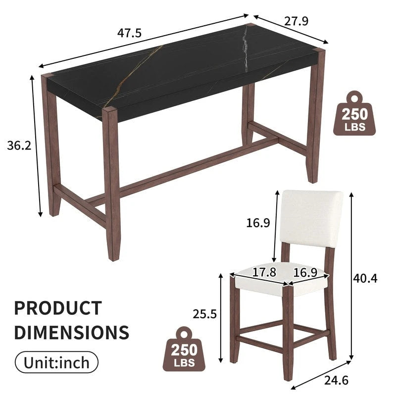 Ensemble de salle à manger moderne 5 pièces hauteur comptoir, table de bar en faux marbre et 4 chaises assise rembourrée