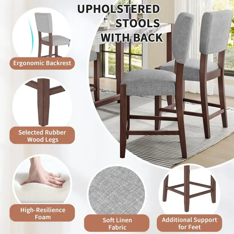 Ensemble de salle à manger moderne 5 pièces hauteur comptoir, table de bar en faux marbre et 4 chaises assise rembourrée