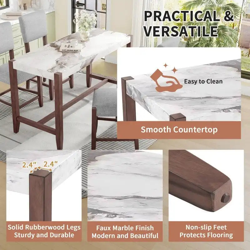 Ensemble de salle à manger moderne 5 pièces hauteur comptoir, table de bar en faux marbre et 4 chaises assise rembourrée