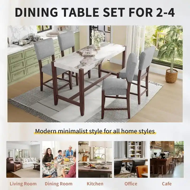 Ensemble de salle à manger moderne 5 pièces hauteur comptoir, table de bar en faux marbre et 4 chaises assise rembourrée