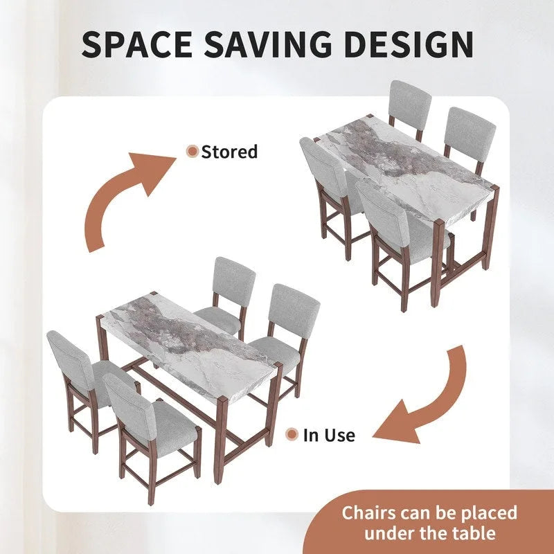 Ensemble de salle à manger moderne 5 pièces hauteur comptoir, table de bar en faux marbre et 4 chaises assise rembourrée