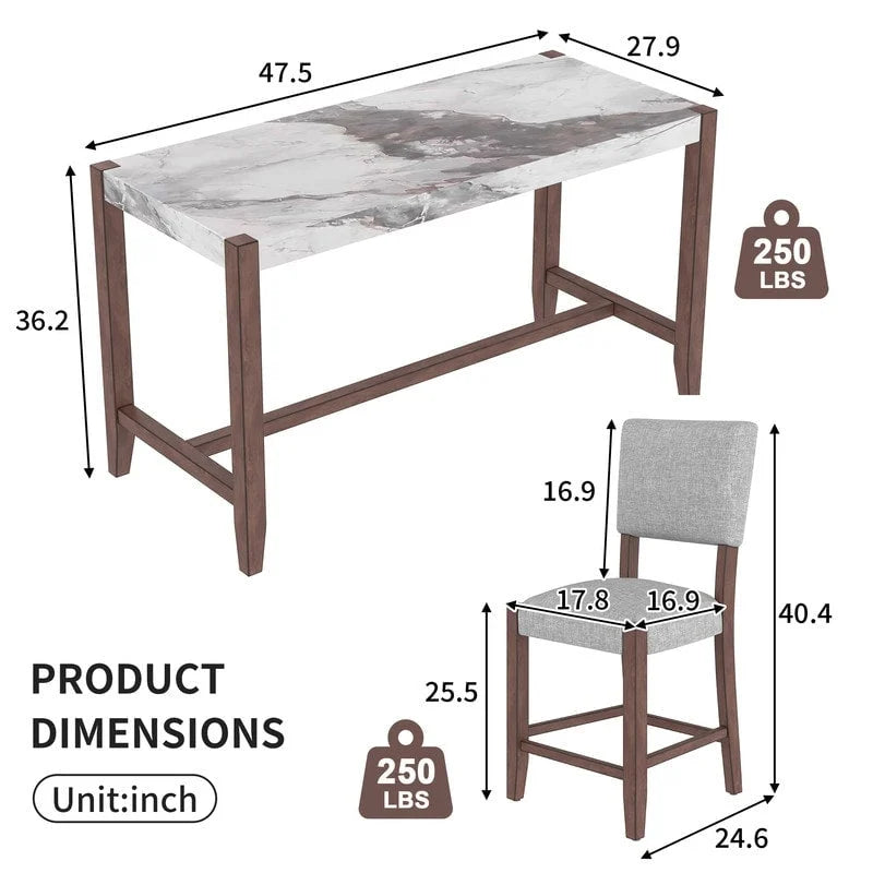 Ensemble de salle à manger moderne 5 pièces hauteur comptoir, table de bar en faux marbre et 4 chaises assise rembourrée