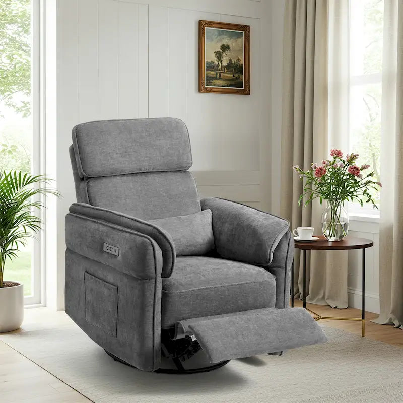 Fauteuil inclinable, pivotant et berçant EROMMY avec appuie-tête et accoudoirs réglables, chargement USB et Type-C, pour chambre de bébé