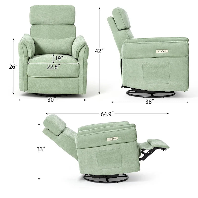 Fauteuil inclinable, pivotant et berçant EROMMY avec appuie-tête et accoudoirs réglables, chargement USB et Type-C, pour chambre de bébé