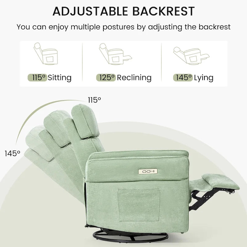 Fauteuil inclinable, pivotant et berçant EROMMY avec appuie-tête et accoudoirs réglables, chargement USB et Type-C, pour chambre de bébé