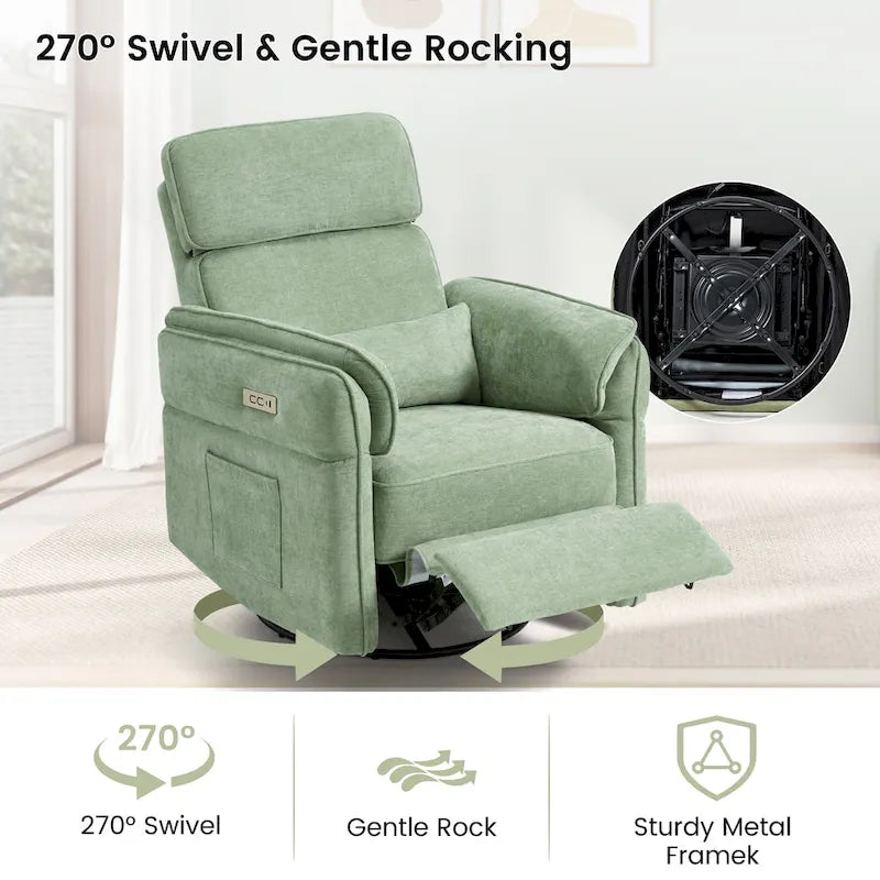 Fauteuil inclinable, pivotant et berçant EROMMY avec appuie-tête et accoudoirs réglables, chargement USB et Type-C, pour chambre de bébé