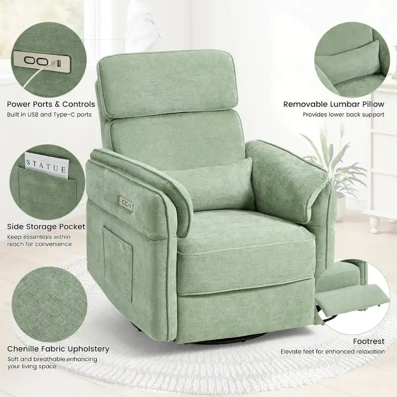 Fauteuil inclinable, pivotant et berçant EROMMY avec appuie-tête et accoudoirs réglables, chargement USB et Type-C, pour chambre de bébé