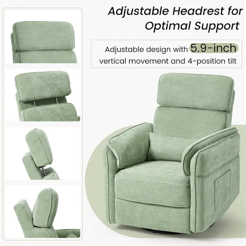 Fauteuil inclinable, pivotant et berçant EROMMY avec appuie-tête et accoudoirs réglables, chargement USB et Type-C, pour chambre de bébé