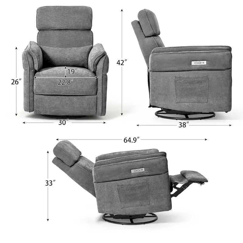 Fauteuil inclinable, pivotant et berçant EROMMY avec appuie-tête et accoudoirs réglables, chargement USB et Type-C, pour chambre de bébé