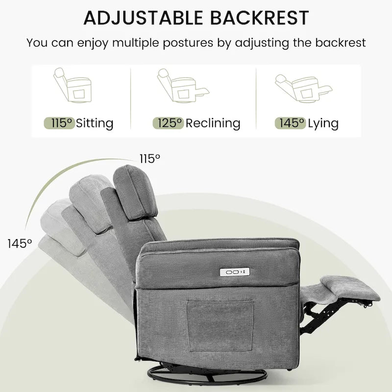 Fauteuil inclinable, pivotant et berçant EROMMY avec appuie-tête et accoudoirs réglables, chargement USB et Type-C, pour chambre de bébé