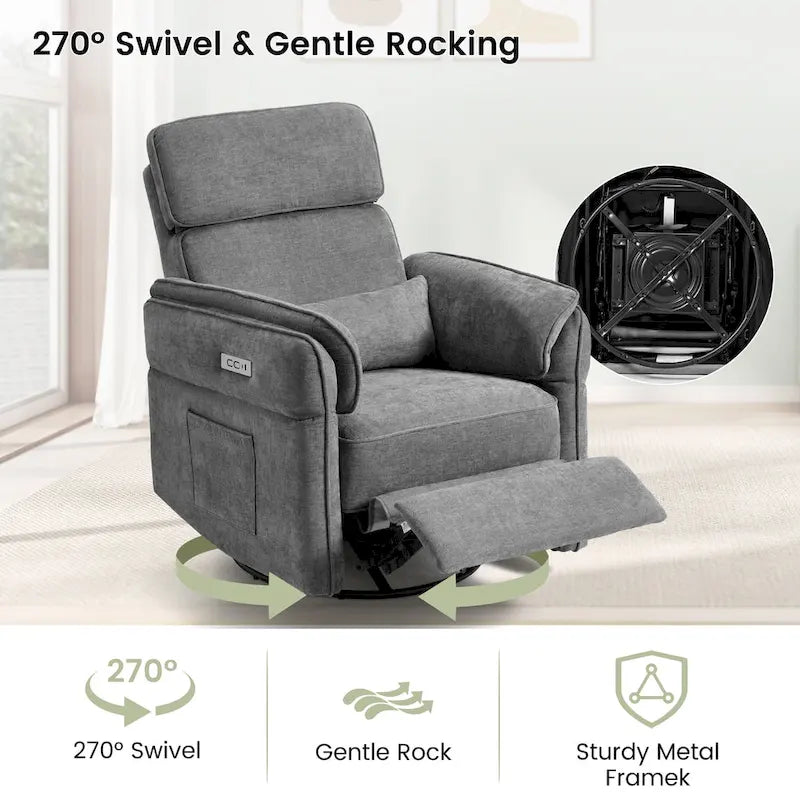 Fauteuil inclinable, pivotant et berçant EROMMY avec appuie-tête et accoudoirs réglables, chargement USB et Type-C, pour chambre de bébé