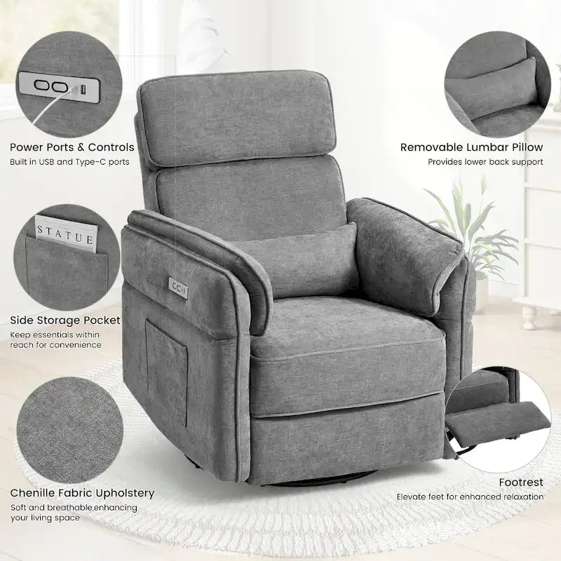 Fauteuil inclinable, pivotant et berçant EROMMY avec appuie-tête et accoudoirs réglables, chargement USB et Type-C, pour chambre de bébé