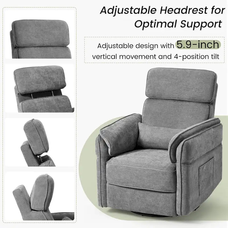 Fauteuil inclinable, pivotant et berçant EROMMY avec appuie-tête et accoudoirs réglables, chargement USB et Type-C, pour chambre de bébé
