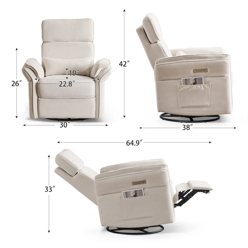 Fauteuil inclinable, pivotant et berçant EROMMY avec appuie-tête et accoudoirs réglables, chargement USB et Type-C, pour chambre de bébé