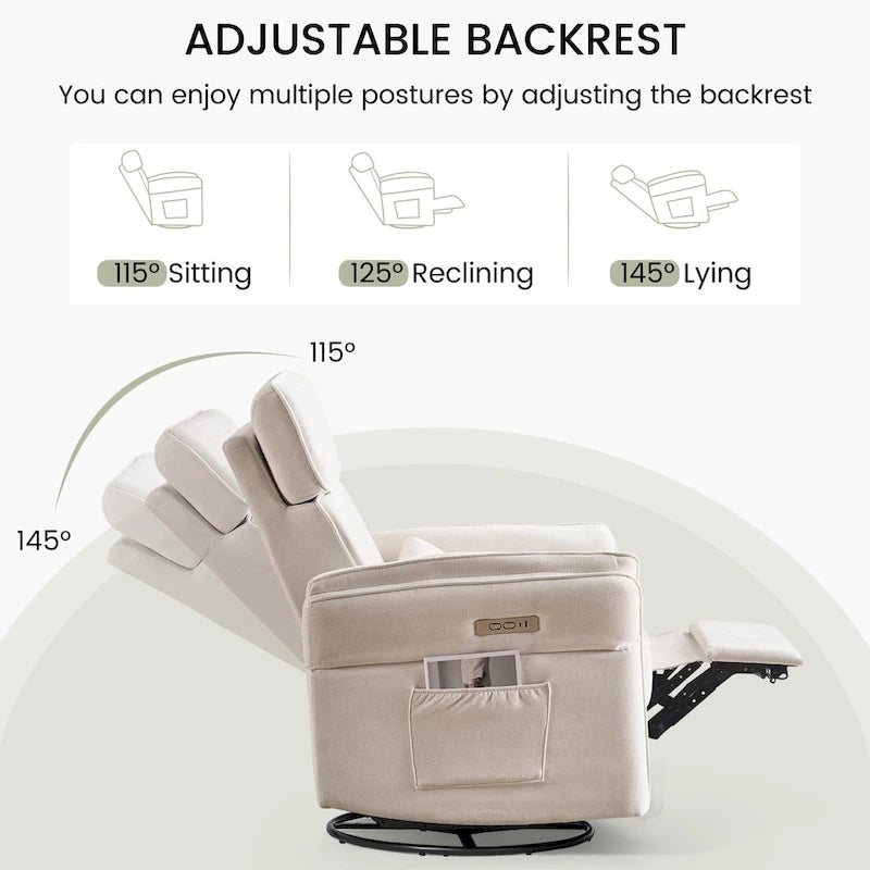 Fauteuil inclinable, pivotant et berçant EROMMY avec appuie-tête et accoudoirs réglables, chargement USB et Type-C, pour chambre de bébé