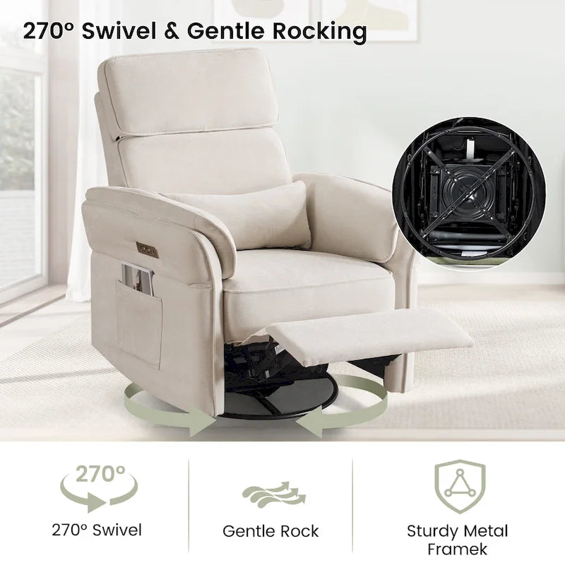 Fauteuil inclinable, pivotant et berçant EROMMY avec appuie-tête et accoudoirs réglables, chargement USB et Type-C, pour chambre de bébé