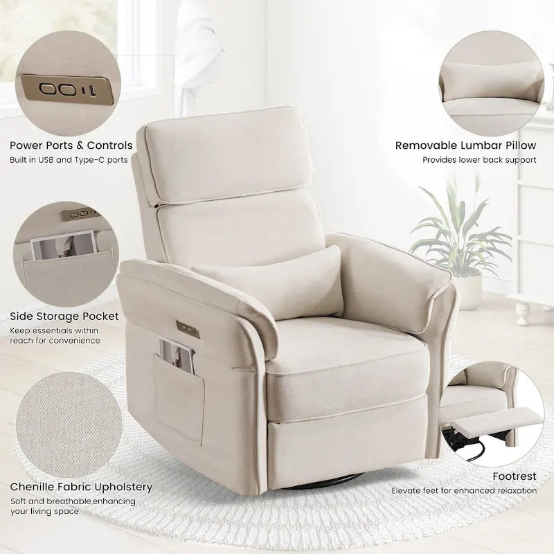 Fauteuil inclinable, pivotant et berçant EROMMY avec appuie-tête et accoudoirs réglables, chargement USB et Type-C, pour chambre de bébé