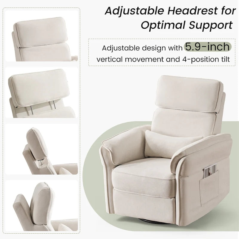 Fauteuil inclinable, pivotant et berçant EROMMY avec appuie-tête et accoudoirs réglables, chargement USB et Type-C, pour chambre de bébé