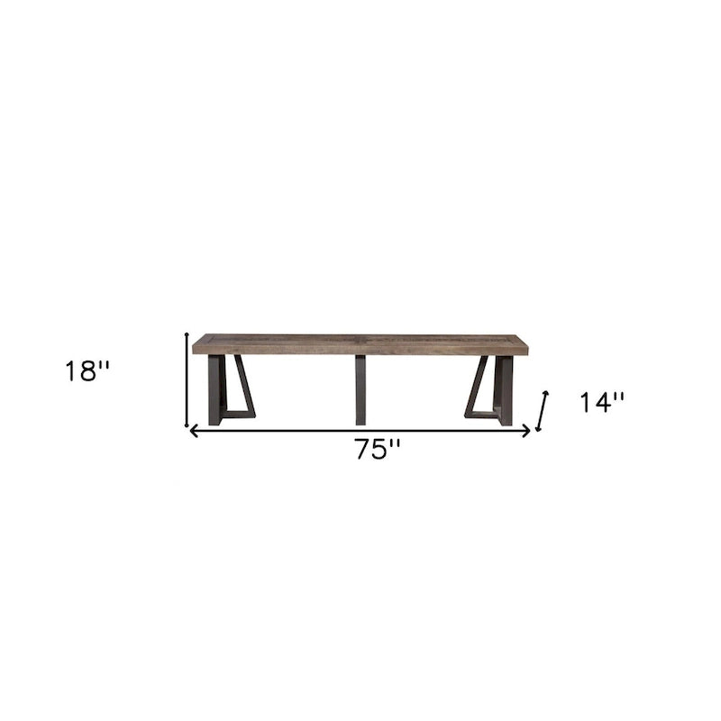 Banc de salle à manger en bois de pin naturel vieilli rustique avec pieds en métal noir – 14 P x 75 L x 18 H